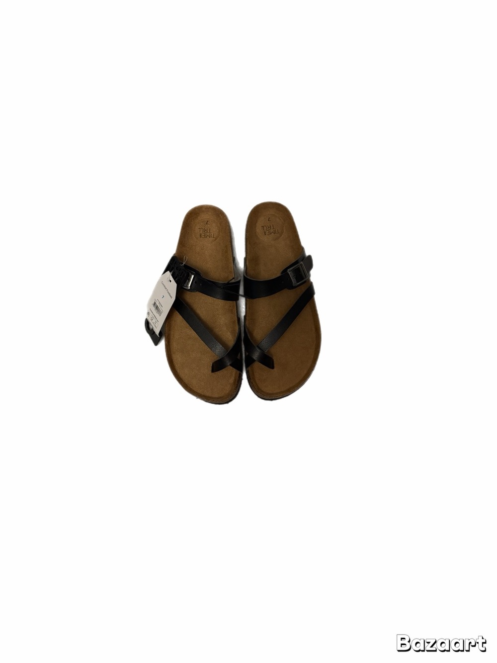 No Boundaries Women's Black Strappy Brown Footbed Sandals